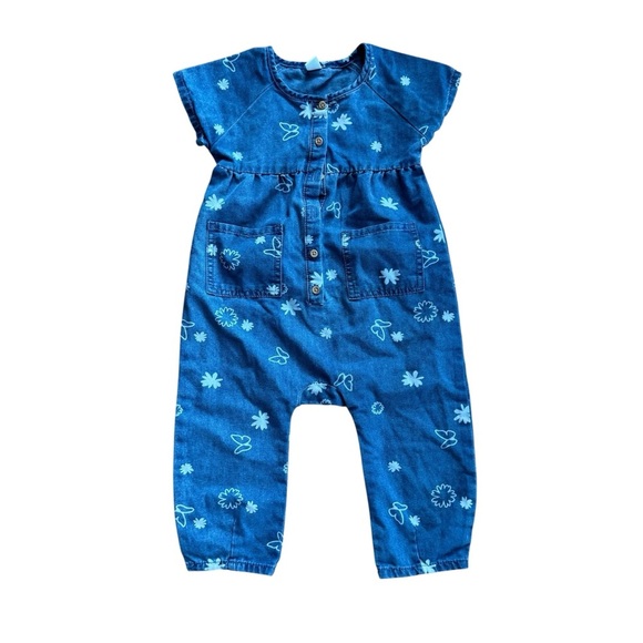Topomini Blue Floral Chambray Jumpsuit Short Sleeve Toddler Girls size 92/ 2-3 - Picture 1 of 6